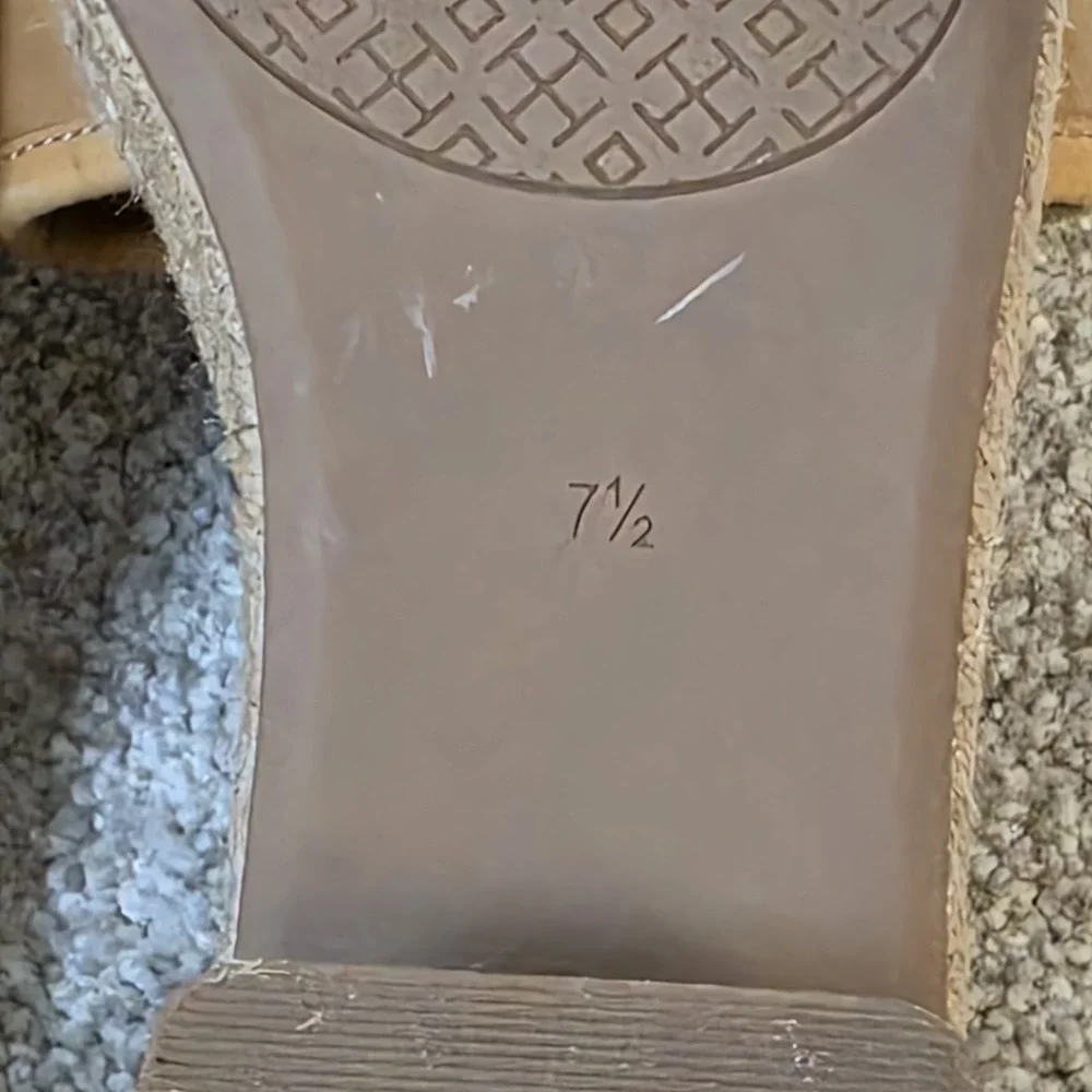 Tory Burch Fleming Espadrille Tan Leather Logo Slides Sandals Womens Size 7.5